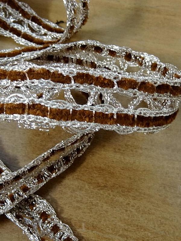 Galon duo velours chenille caramel et lurex argent