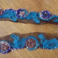 Galon laine feutree sur resille noire macaron bleu amethyste noisette 