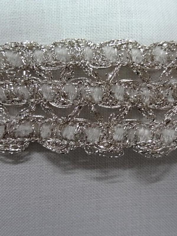 Galon trio chenille blanche et lurex argent 1 