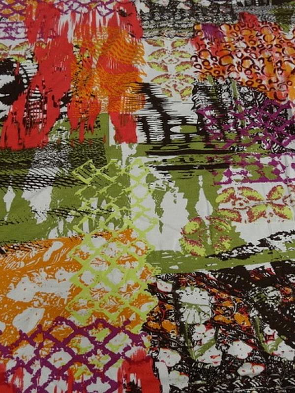 Jersey viscose lycra motif orange et kaki 