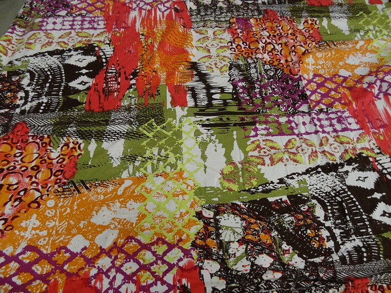 Jersey viscose lycra motif orange et kaki