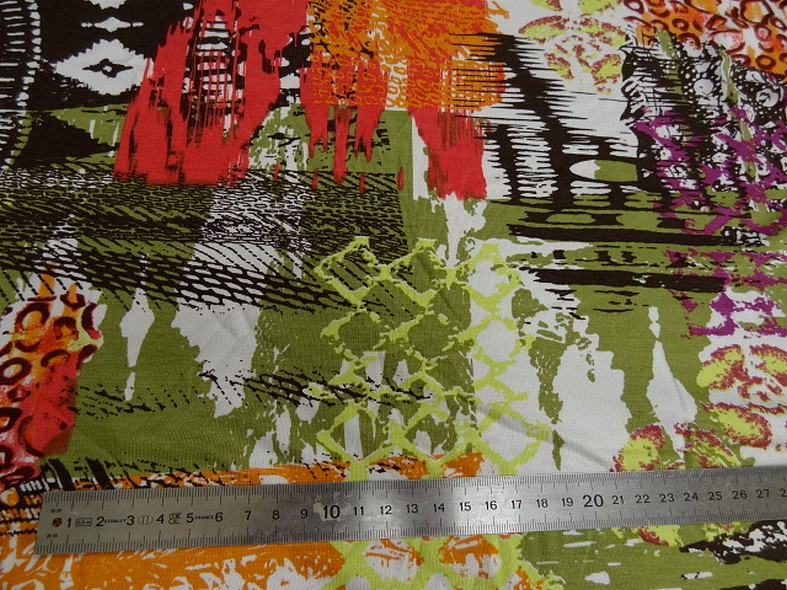 Jersey viscose lycra motif orange et kaki 1