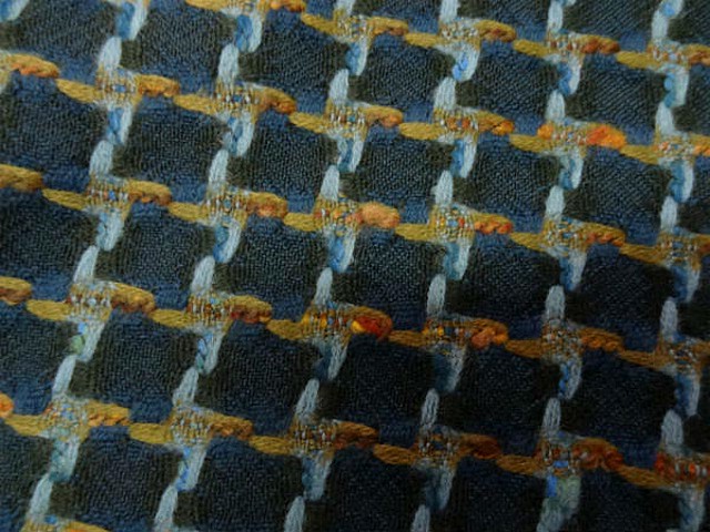 Lainage bleu petrole pied de coq inverse bleu canard et ocre