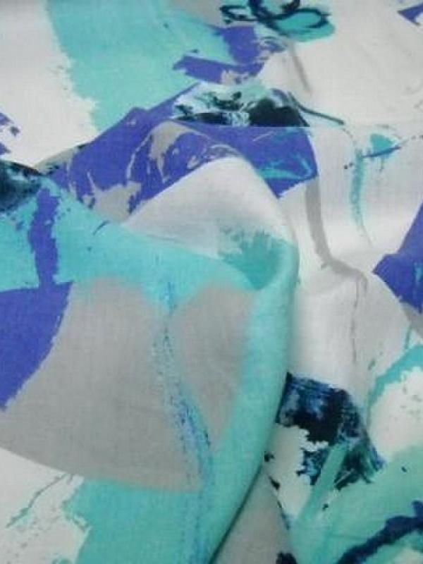 Lin blanc motif fleurs modernes indigo cyan 1 