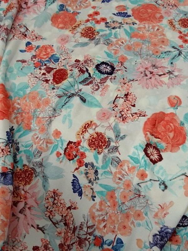 Lycra fin blanc fleuri teintes saumon bleu 1