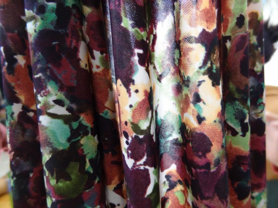 Lycra fin fleuri prune et vert bouteille