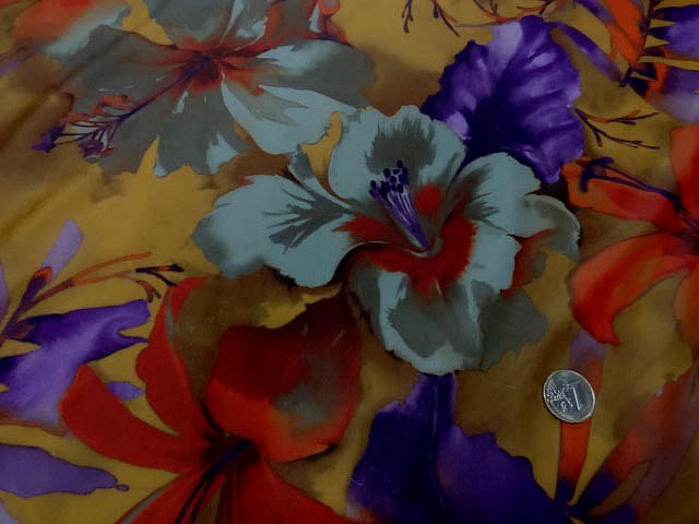 Lycra safran motif hibiscus violet orange 1 