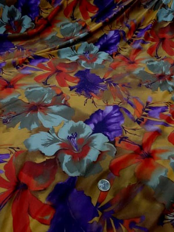 Lycra safran motif hibiscus violet orange 3 
