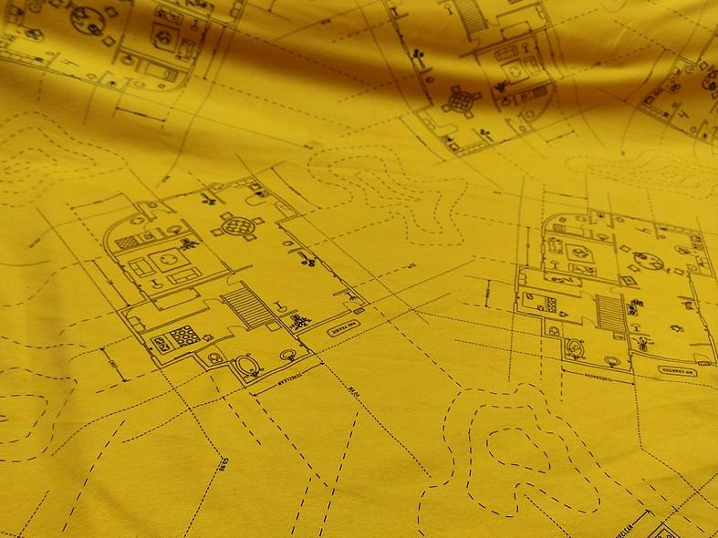 Maille coton jersey jaune safran motif plan de maison rigolote 2