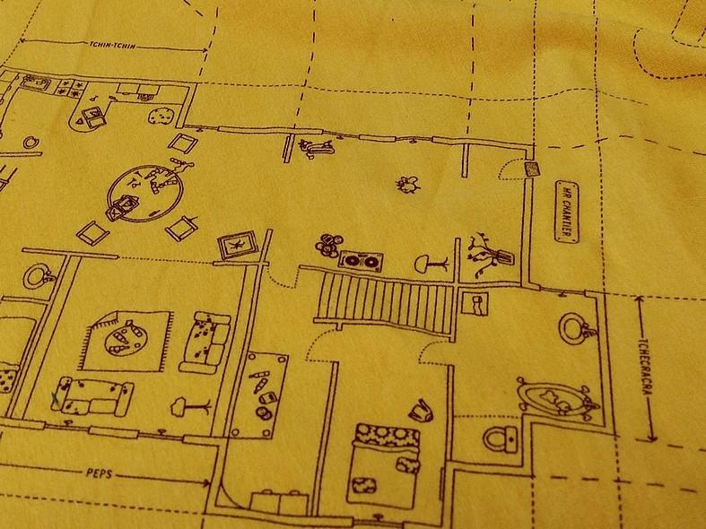 Maille coton jersey jaune safran motif plan de maison rigolote 5