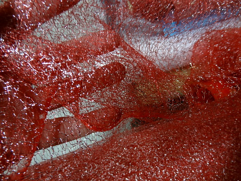 Maille fine rouge metallise argent 2