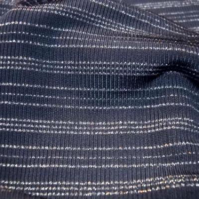 Maille lycra bleu guede rayures tricot lurex argent 