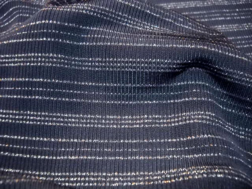 Maille lycra bleu guede rayures tricot lurex argent