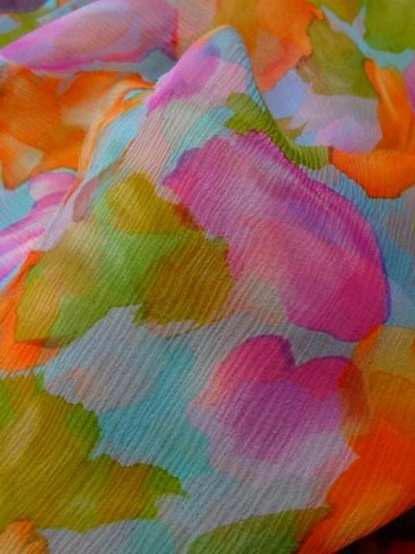 Mousseline de soie chiffon tachete orange fuchsia vert mousse aigue marine 1 