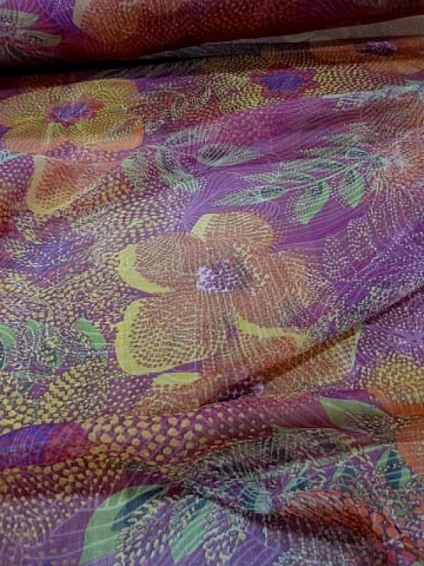 Mousseline de soie framboise fleur pointillisme 2 