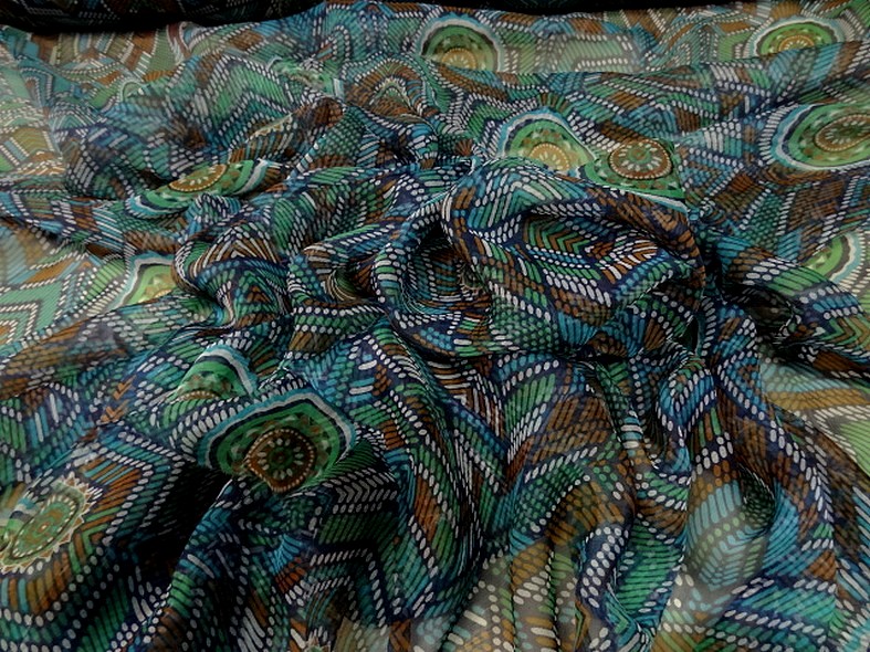 Mousseline de soie motif ethnique bleu vert 3 