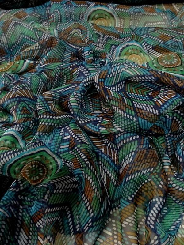 Mousseline de soie motif ethnique bleu vert 3 