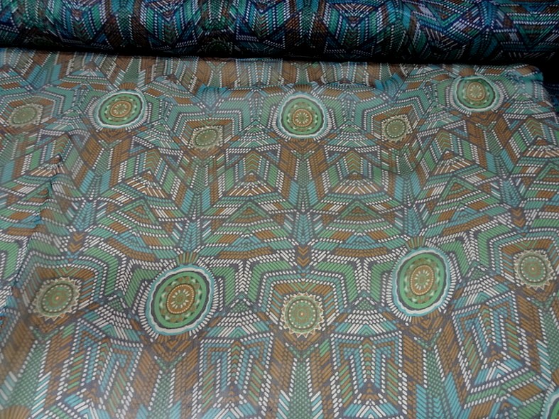 Mousseline de soie motif ethnique bleu vert 4