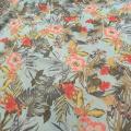 Mousseline polyester creponnee fond bleu givre fleurie 2