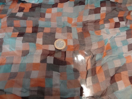 Mousseline de soie pixels bleu orange 01