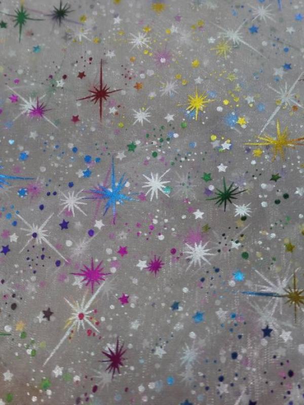 Organza blanc double face étoiles scintillantes multicolore et métal