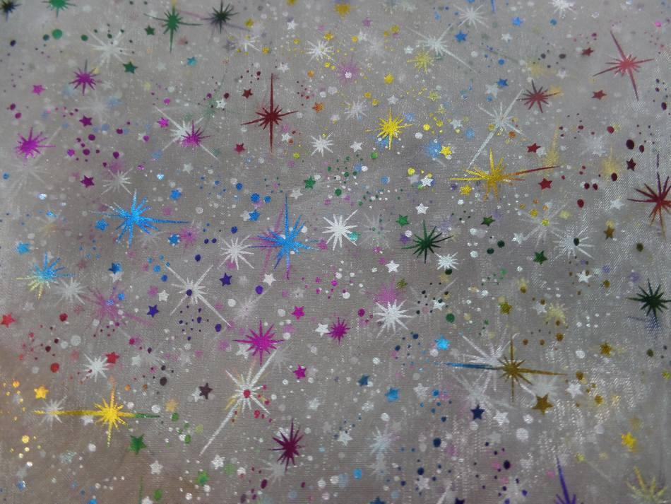 Organza blanc double face étoiles scintillantes multicolore et métal