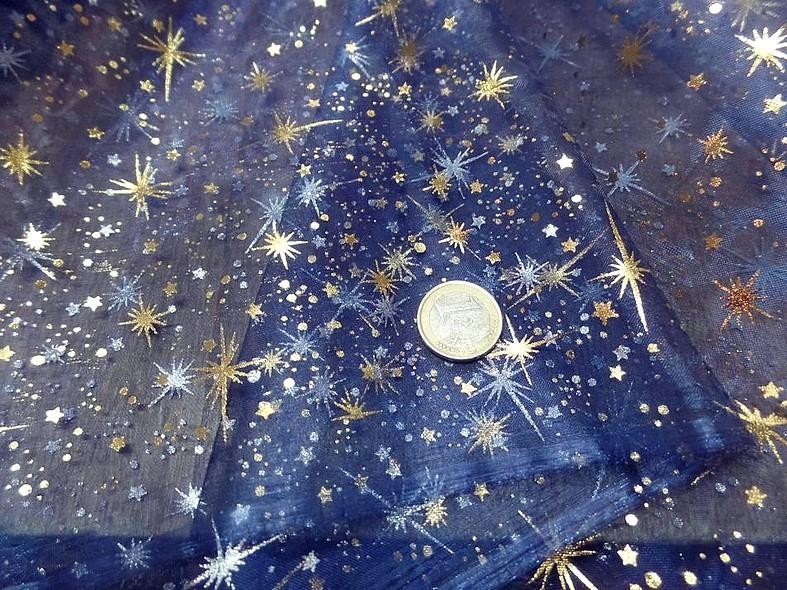 Organza bleu nuit etoiles scintillantes or et gris metal 2