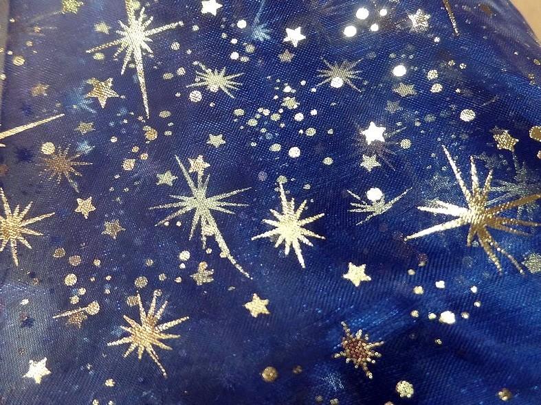 Organza bleu nuit etoiles scintillantes or et gris metal 4