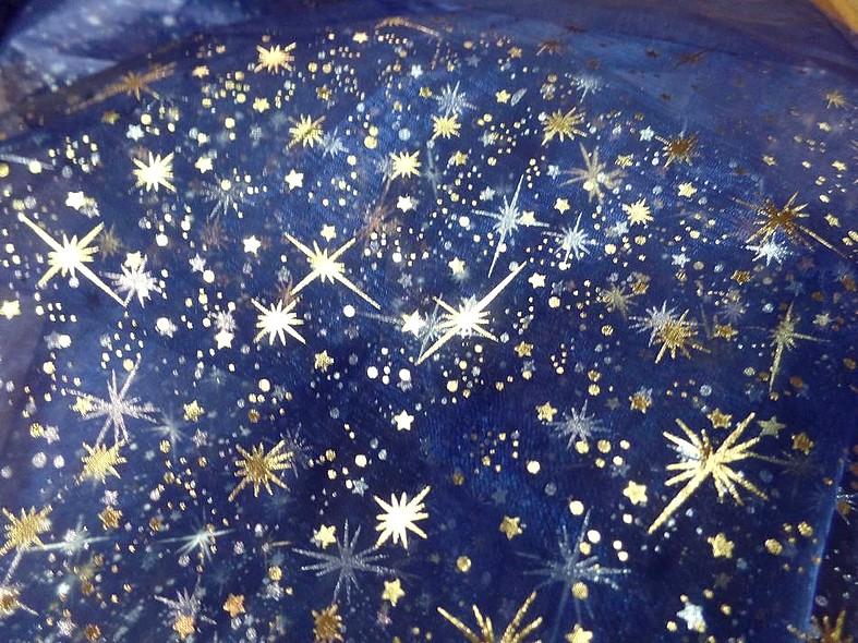Organza bleu nuit etoiles scintillantes or et gris metal 5