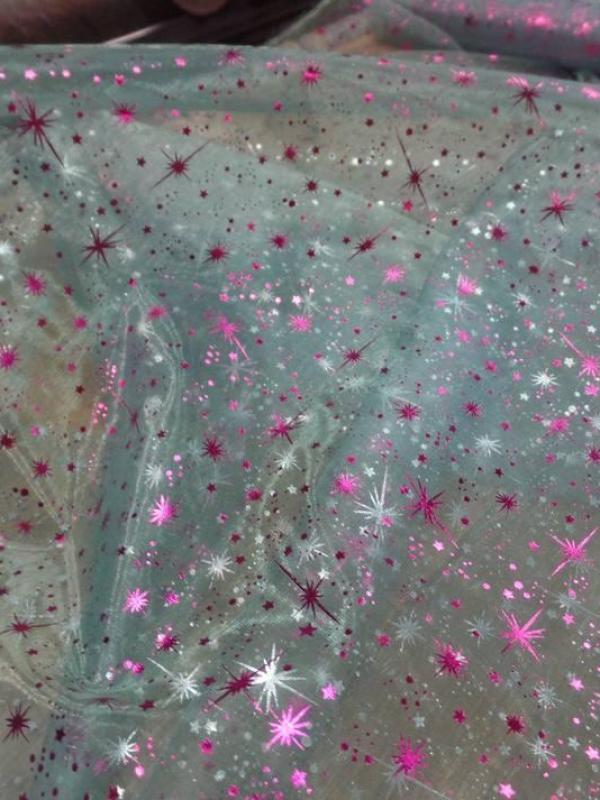 Organza bleu pale double face etoile scintillantes rose et metal0 1 