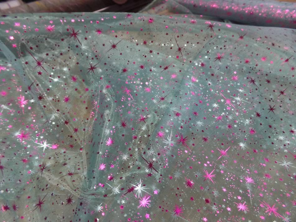 Organza bleu pale double face etoile scintillantes rose et metal0 1