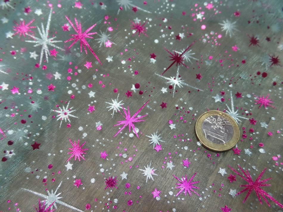 Organza bleu pale double face etoile scintillantes rose et metal0 2