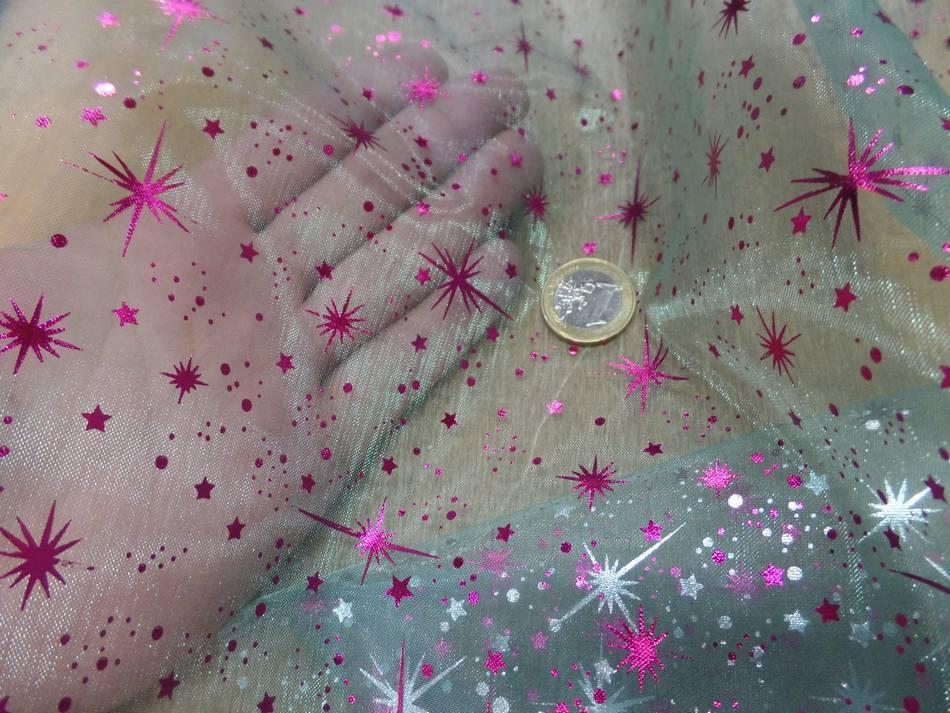 Organza bleu pale double face etoile scintillantes rose et metal0 3