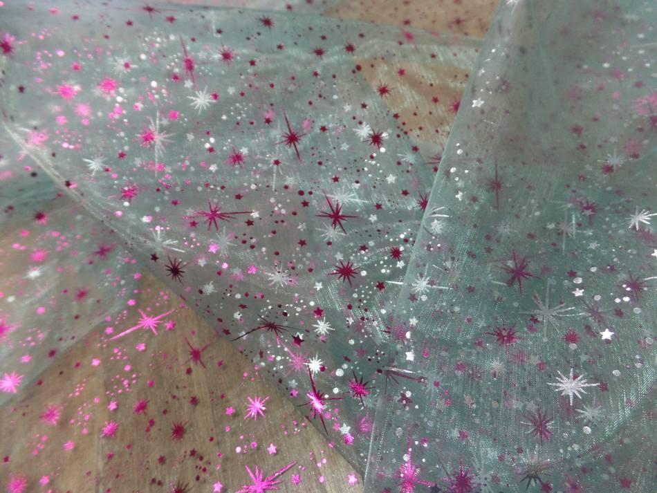 Organza bleu pale double face etoile scintillantes rose et metal0 4