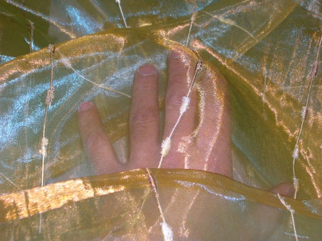 Organza jaune or et turquoise raye chenille 3