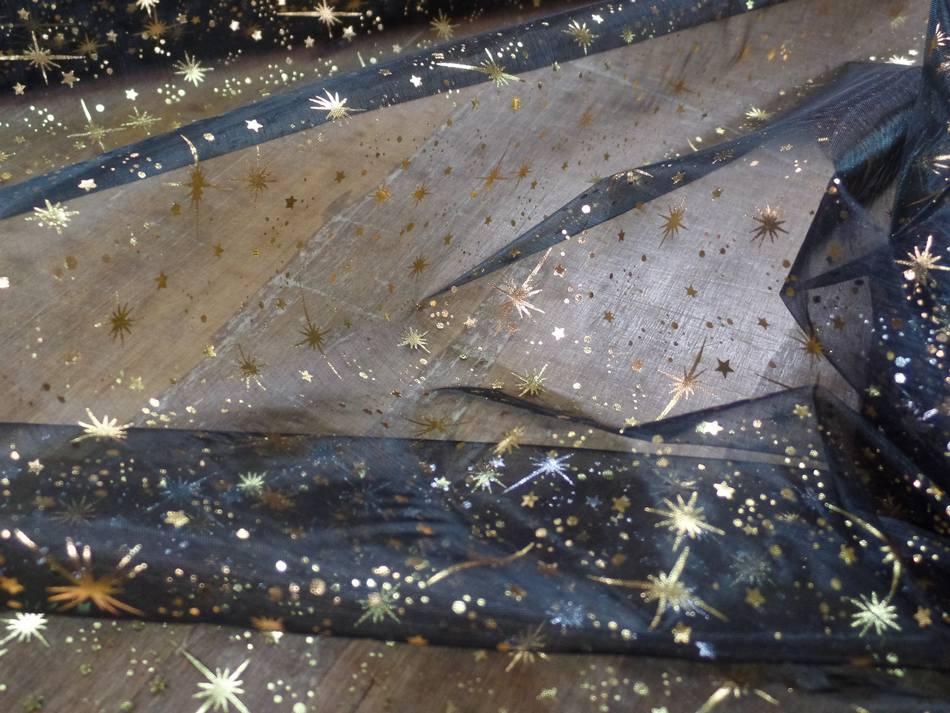 Organza noir etoiles scintillantes or et gris metal