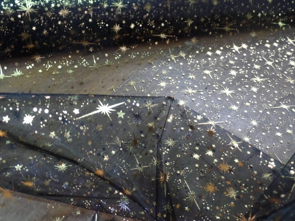 Organza noir etoiles scintillantes or et gris metal3