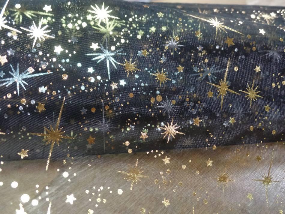 Organza noir étoiles scintillantes or et gris métal
