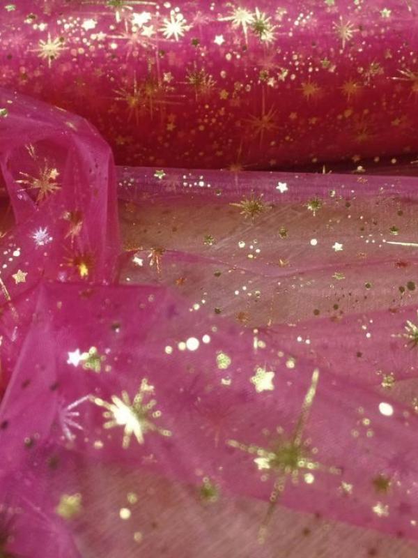 Organza rose etoiles scintillantes or et gris metal