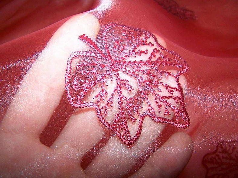 Organza rouge turc nacre brode feuillage ton sur ton 3