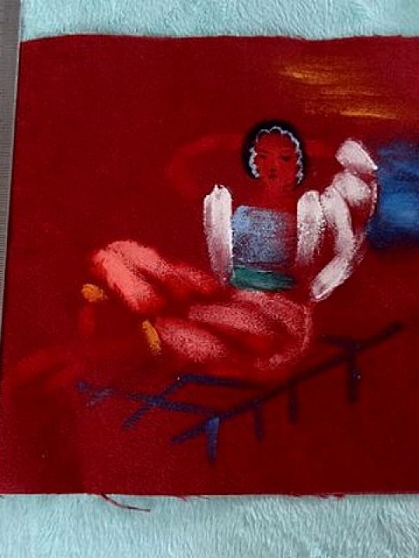 Piece patchwork en suedine bordeaux peint a la main 1 