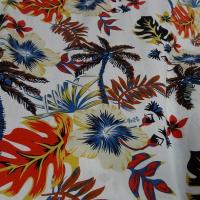 Popeline coton blanc palmiers et feuilles bleu et orange 1