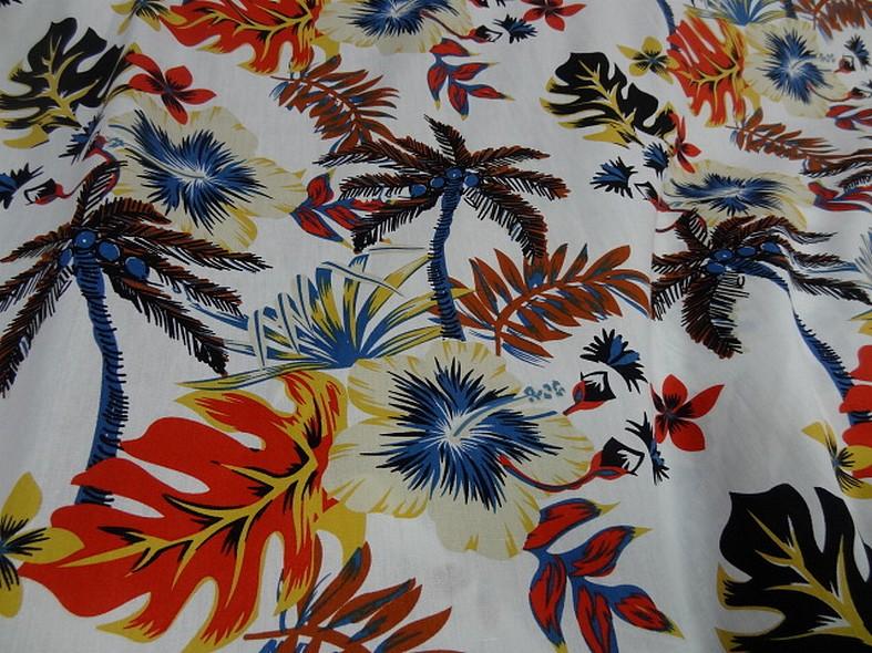 Popeline coton blanc palmiers et feuilles bleu et orange 1