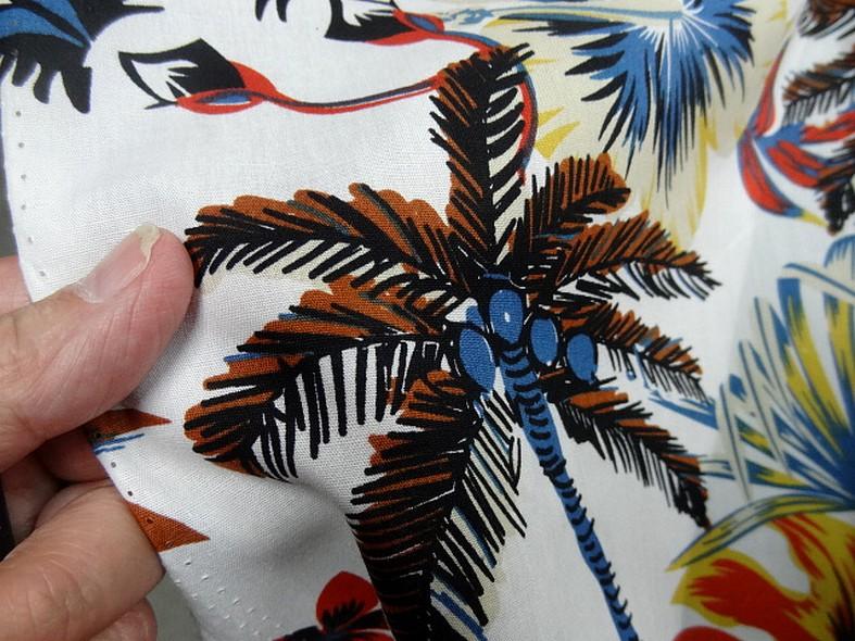 Popeline coton blanc palmiers et feuilles bleu et orange 2