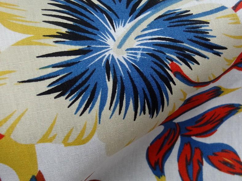 Popeline coton blanc palmiers et feuilles bleu et orange 4