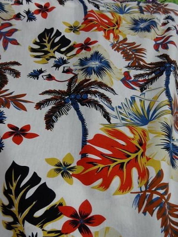 Popeline coton blanc palmiers et feuilles bleu et orange 5