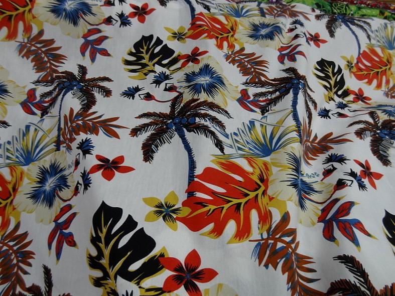 Popeline coton blanc palmiers et feuilles bleu et orange 5