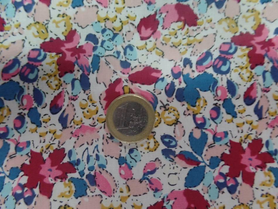 popeline coton blanche imprimé liberty fleurs bordeaux ,bleu ,jaune