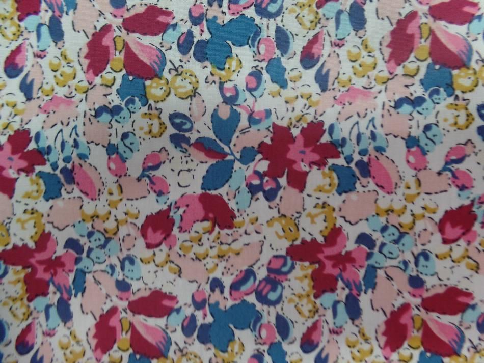popeline coton blanche imprimé liberty fleurs bordeaux ,bleu ,jaune