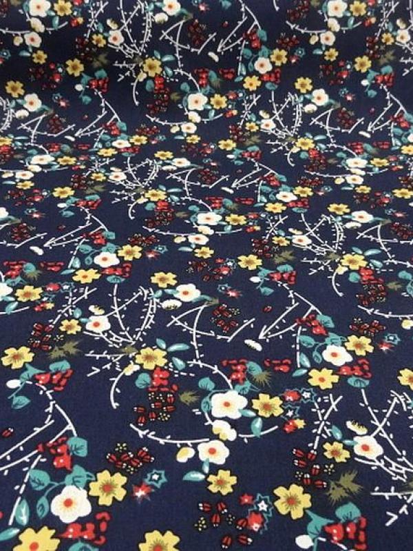 Popeline coton bleu marine fleurs et tiges rouge et jaune 1 